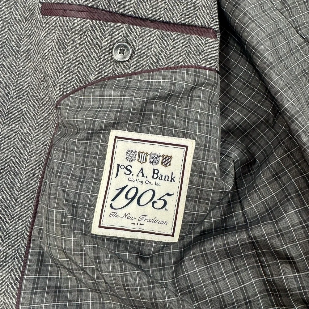 Jos‎ A Bank 1905 Blazer Mens 44 Short Gray Herringbone Wool Sport Coat Jacket